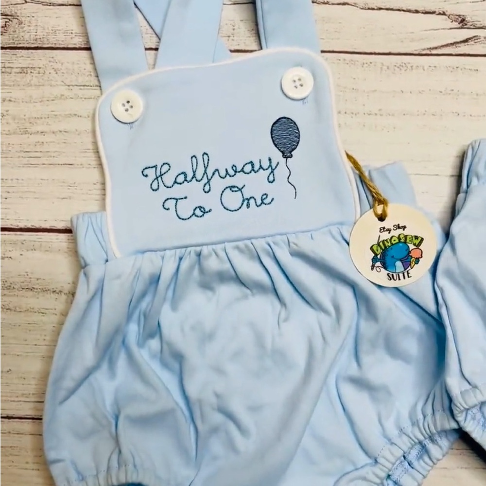 6 month Baby Blue overall Romper with Embroidery